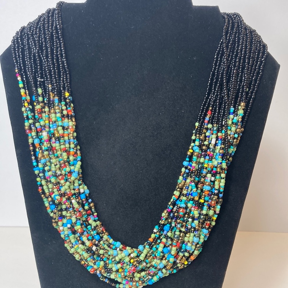 22" Colorful Beaded Necklace 27 Strands Small Bead Blue Green Black